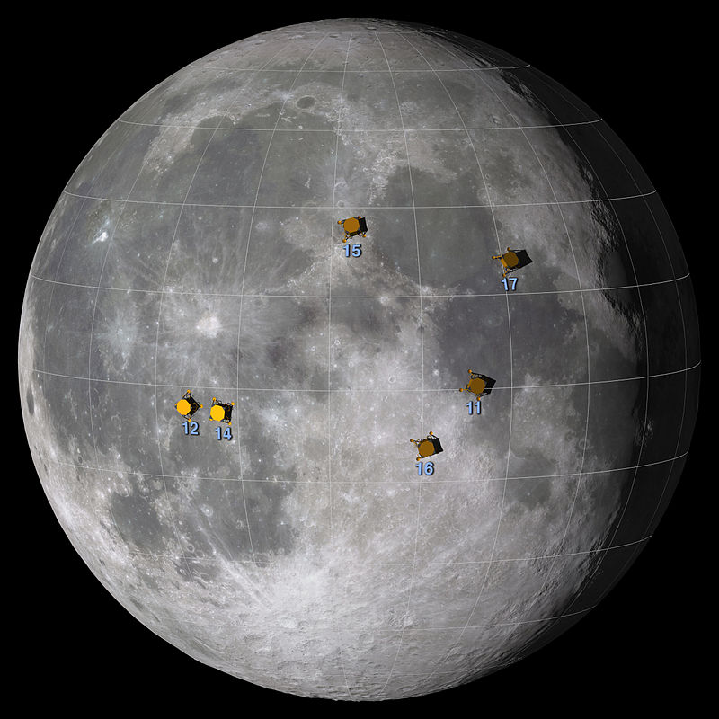 صورة لمواقع هبوط رحلات أبولو المتعددة إلى القمر